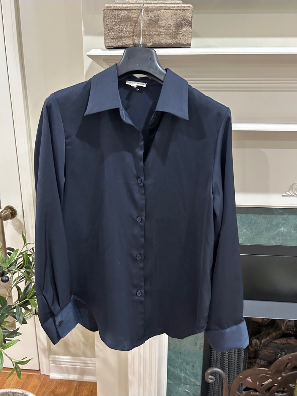 Mimosa - Women's Navy Button-Front Blouse - Long Sleeve